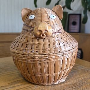 Vintage Woven Wicker Basket Sewing Box Cat Kitten 7" Lid Round 2-Piece